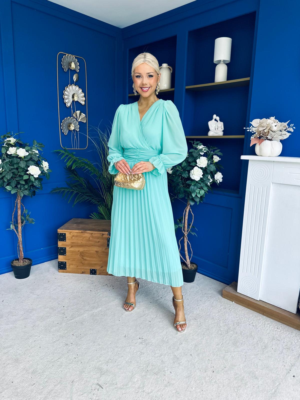 Casey Pleated Occasion Midi Dress Pastel Green