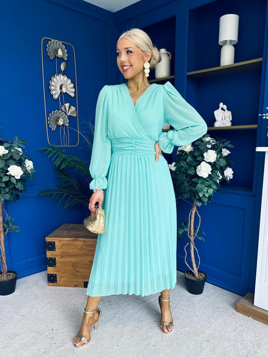 Casey Pleated Occasion Midi Dress Pastel Green