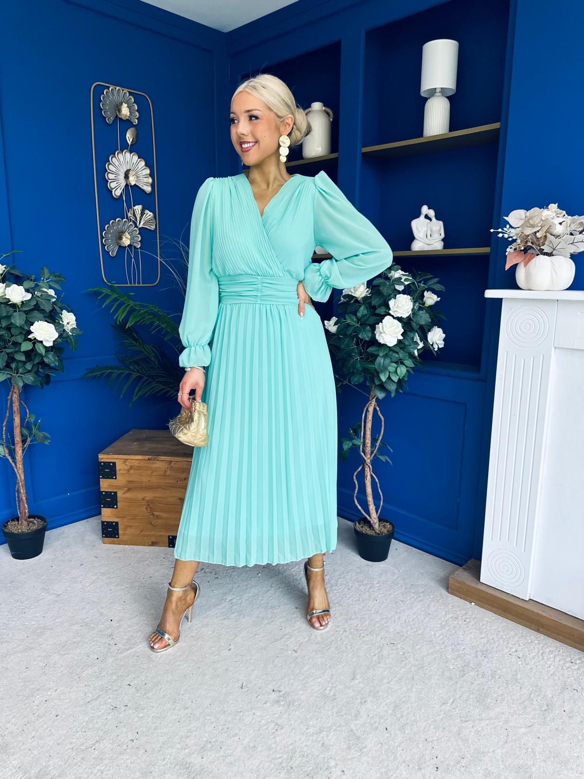 Casey Pleated Occasion Midi Dress Pastel Green