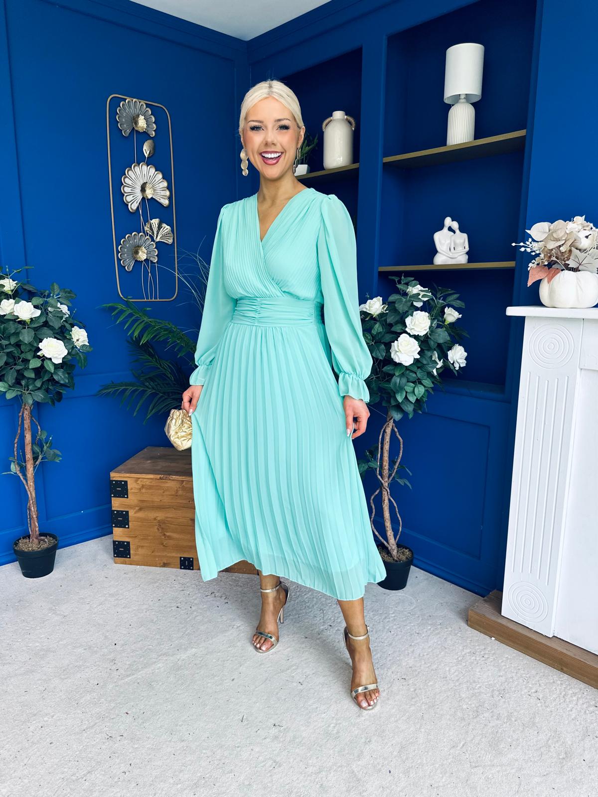 Casey Pleated Occasion Midi Dress Pastel Green