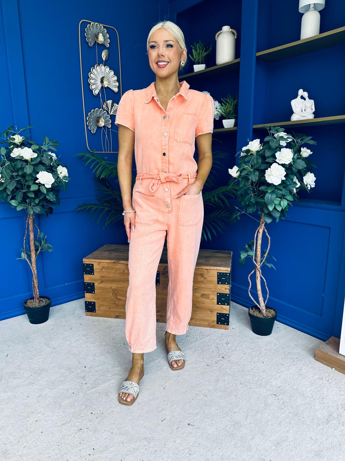 Marissa Short Sleeve Denim Jumpsuit Peach