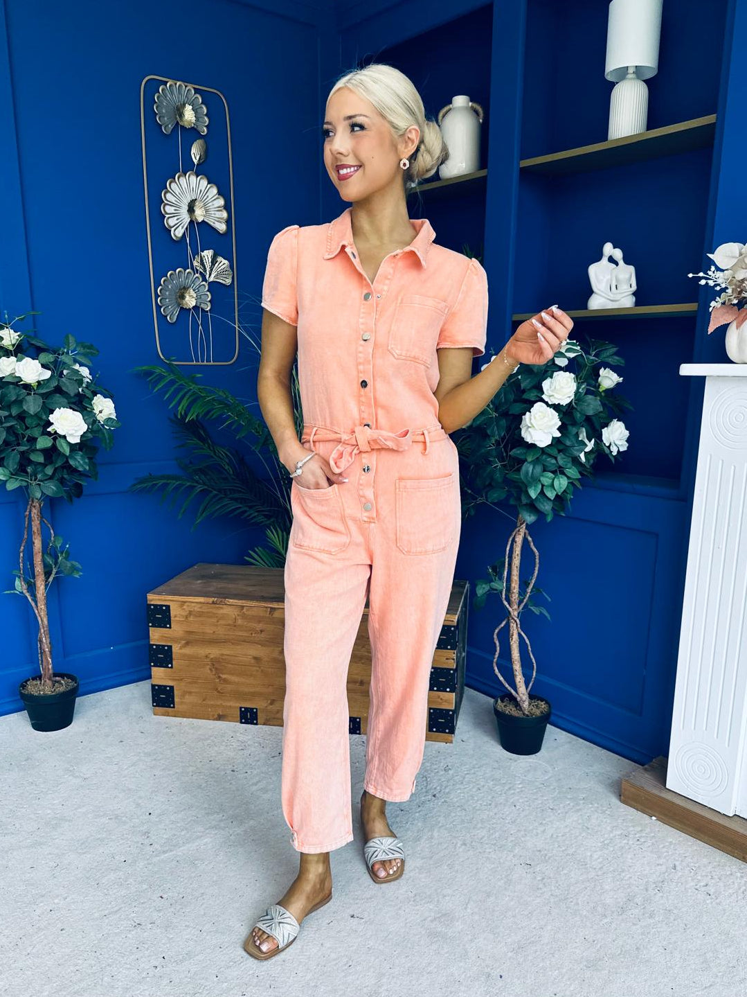 Marissa Short Sleeve Denim Jumpsuit Peach