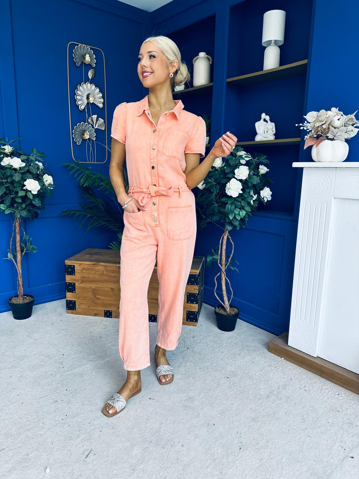 Marissa Short Sleeve Denim Jumpsuit Peach
