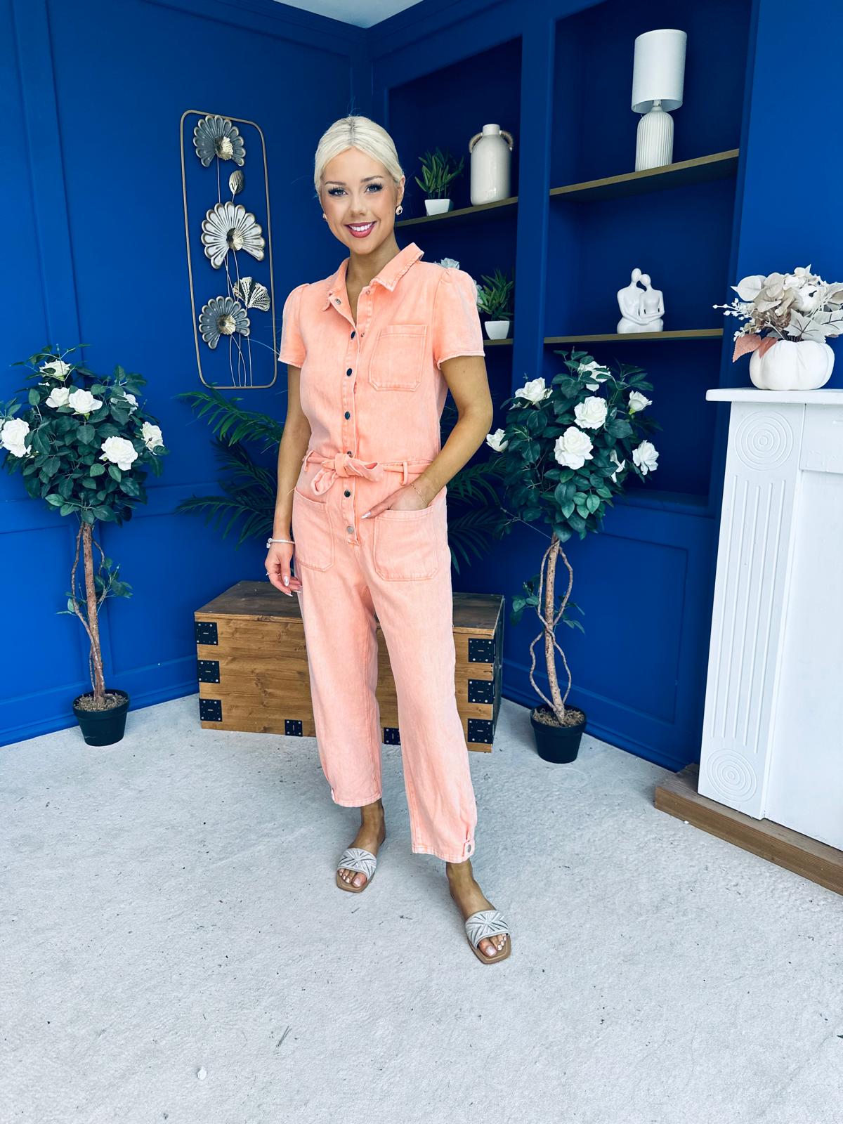 Marissa Short Sleeve Denim Jumpsuit Peach