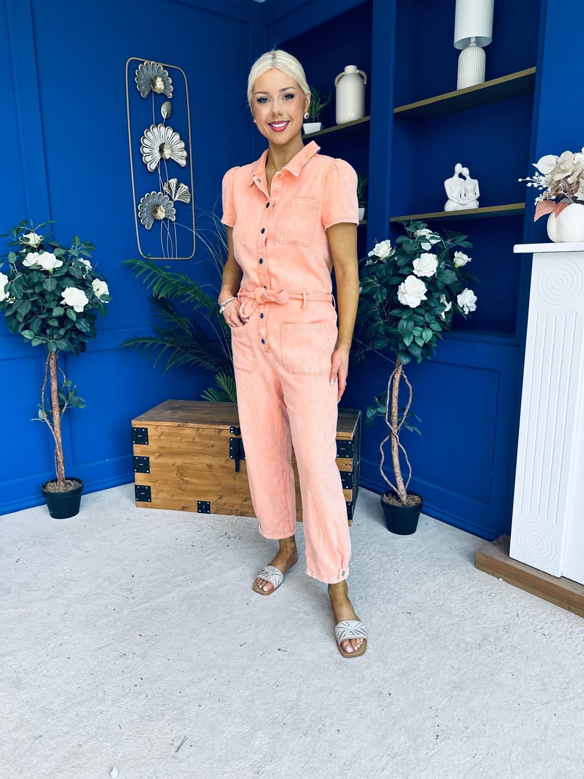 Marissa Short Sleeve Denim Jumpsuit Peach