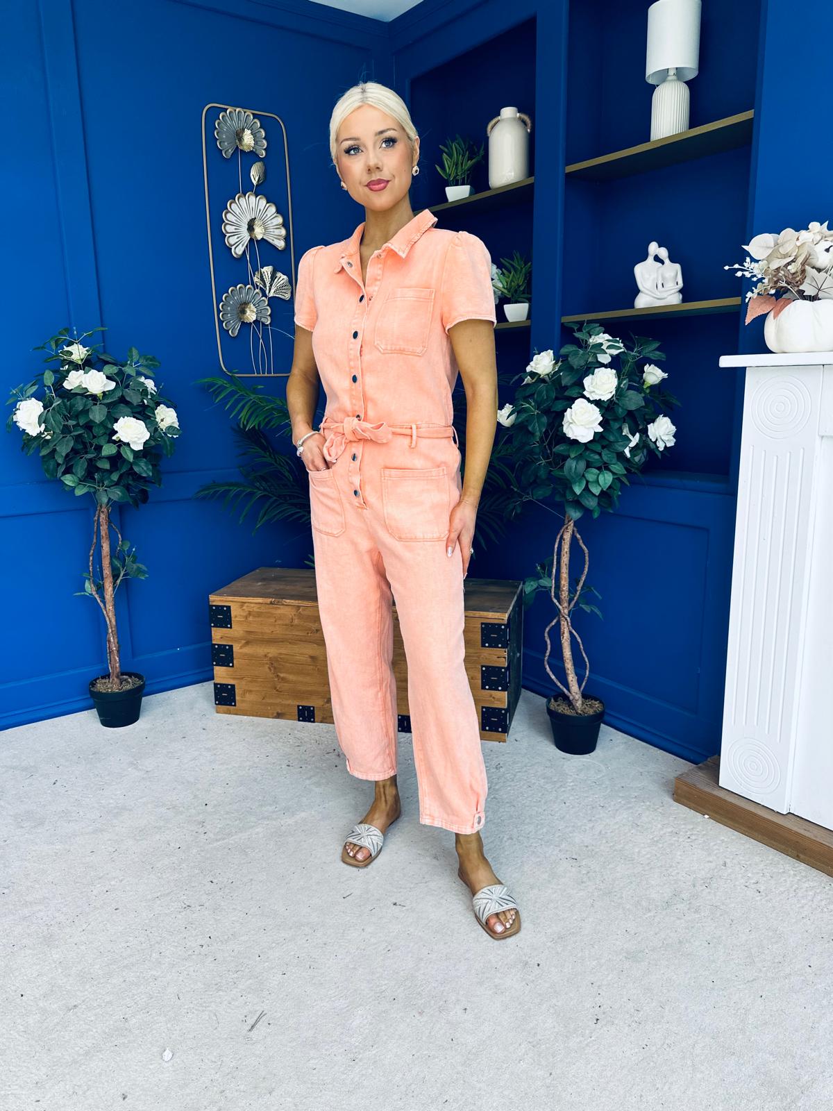 Marissa Short Sleeve Denim Jumpsuit Peach
