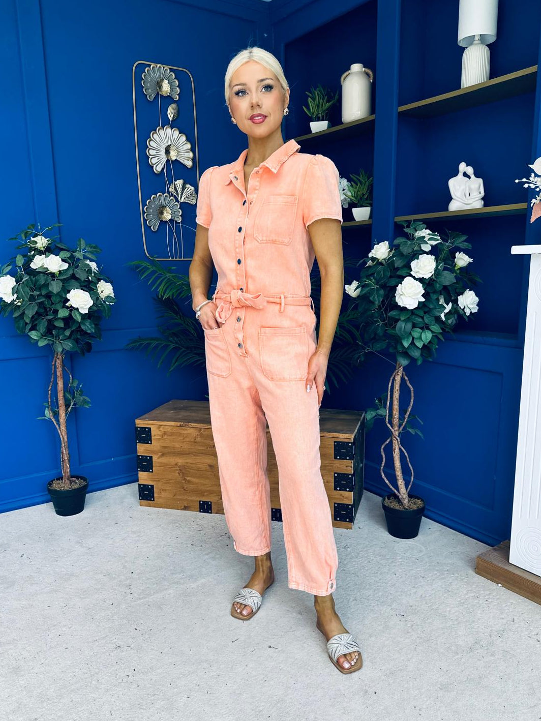 Marissa Short Sleeve Denim Jumpsuit Peach