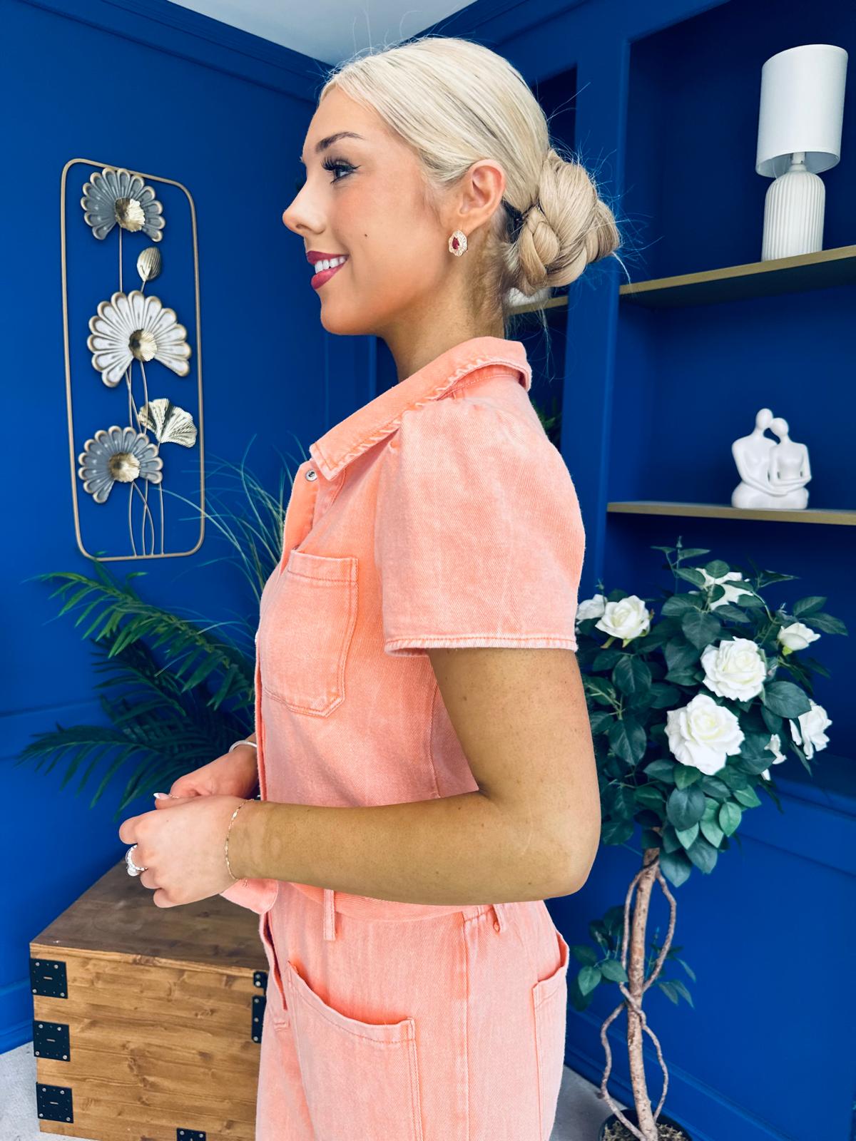Marissa Short Sleeve Denim Jumpsuit Peach
