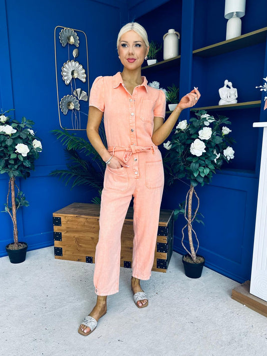 Marissa Short Sleeve Denim Jumpsuit Peach PRE ORDER Arriving 8 July