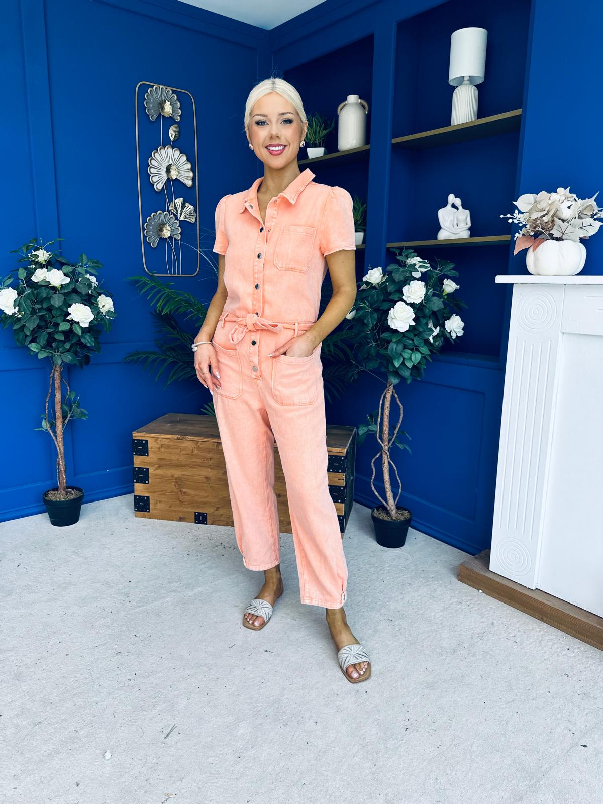 Marissa Short Sleeve Denim Jumpsuit Peach