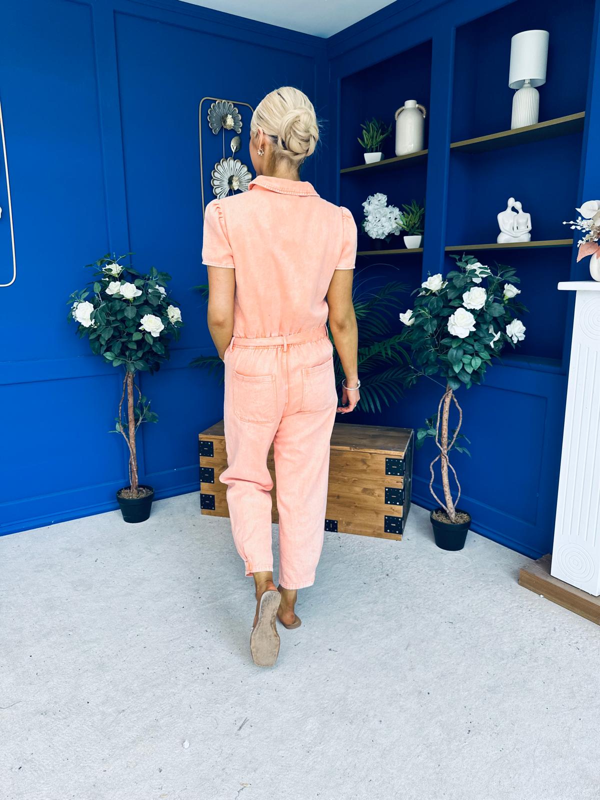 Marissa Short Sleeve Denim Jumpsuit Peach