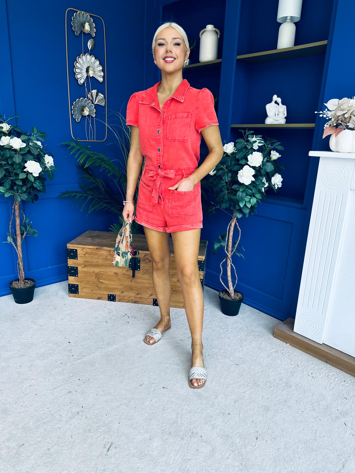 Riley Short Sleeve Denim Playsuit Coral