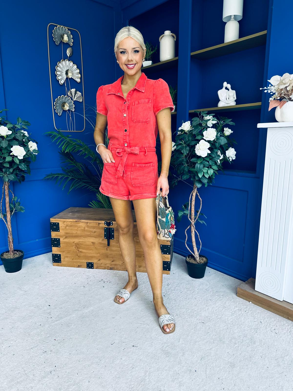Riley Short Sleeve Denim Playsuit Coral