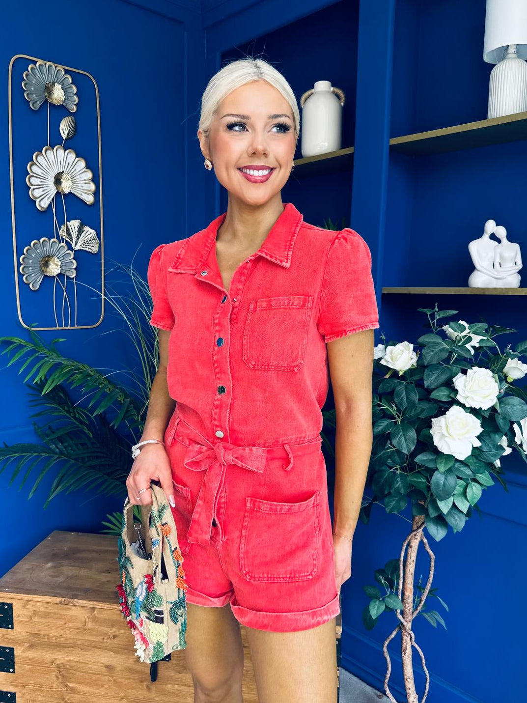 Riley Short Sleeve Denim Playsuit Coral