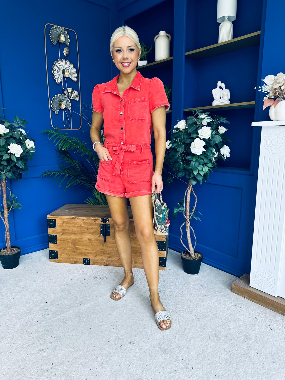 Riley Short Sleeve Denim Playsuit Coral
