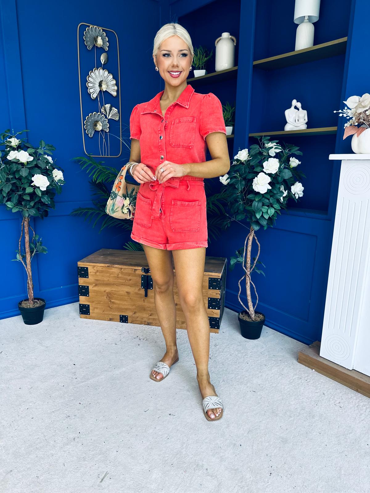 Riley Short Sleeve Denim Playsuit Coral