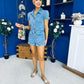 Riley Short Sleeve Denim Playsuit Blue
