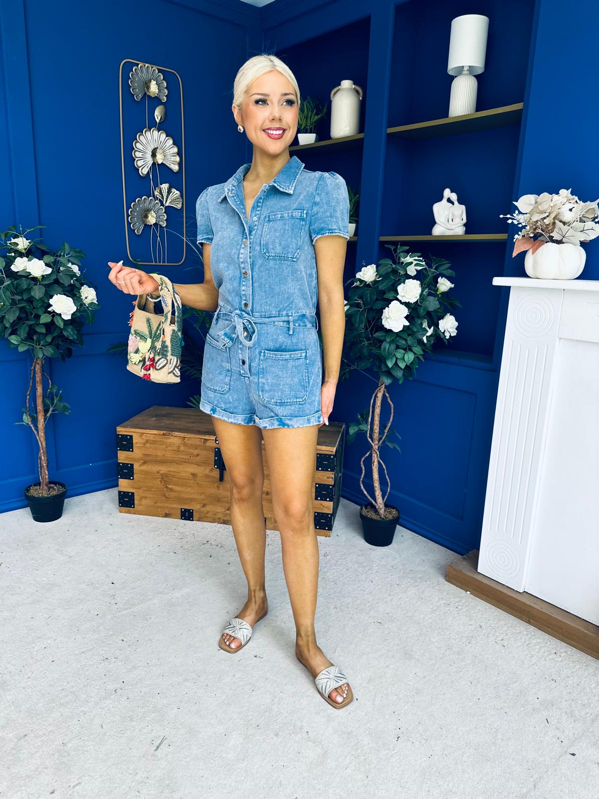 Riley Short Sleeve Denim Playsuit Blue