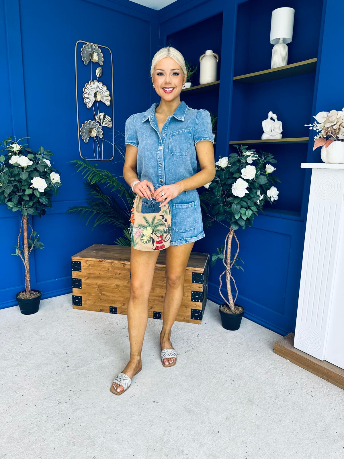 Riley Short Sleeve Denim Playsuit Blue