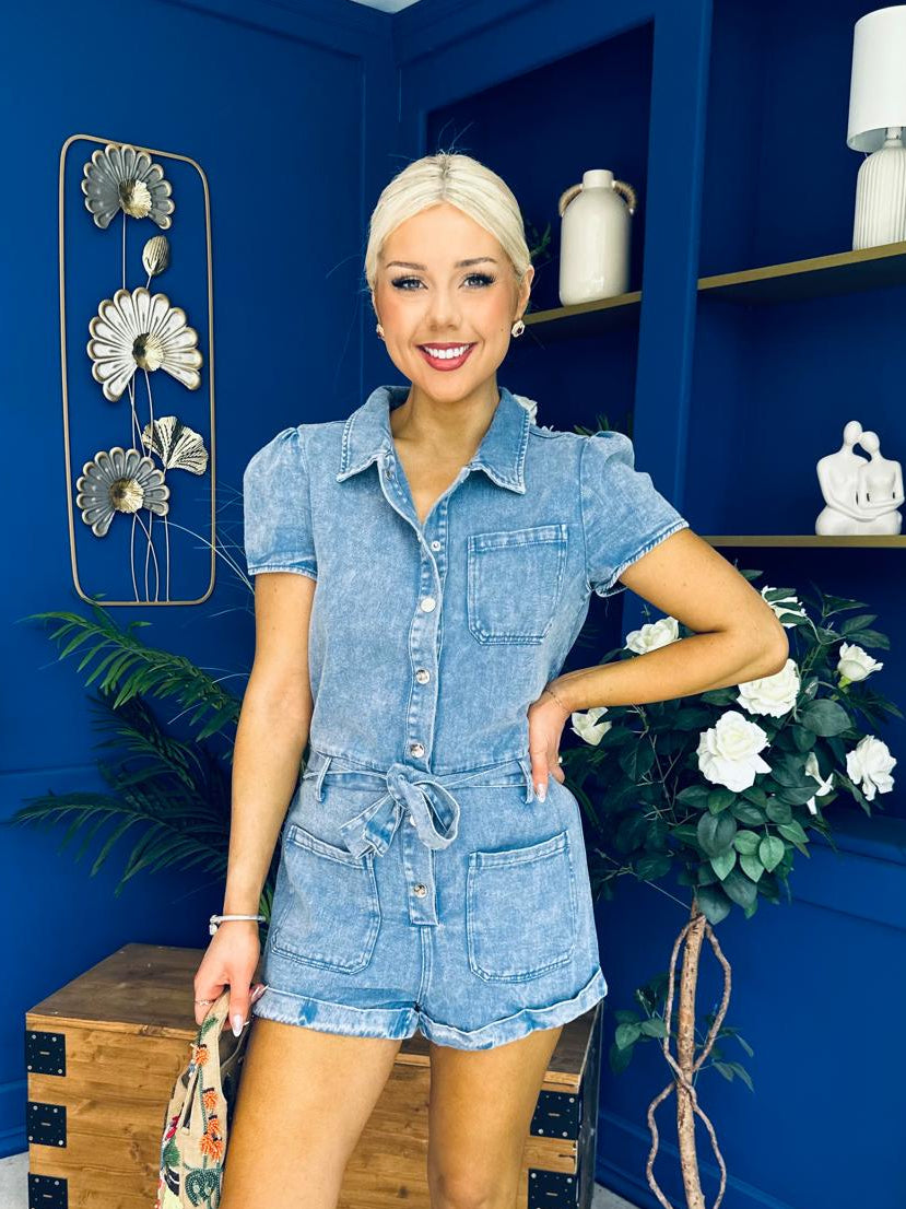 Riley Short Sleeve Denim Playsuit Blue