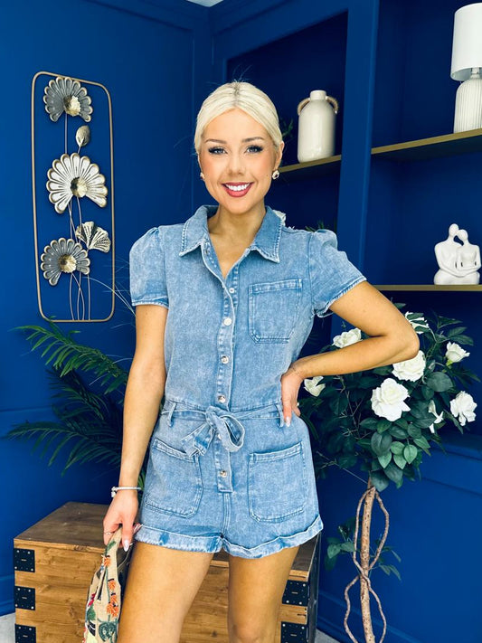 Riley Short Sleeve Denim Playsuit Blue