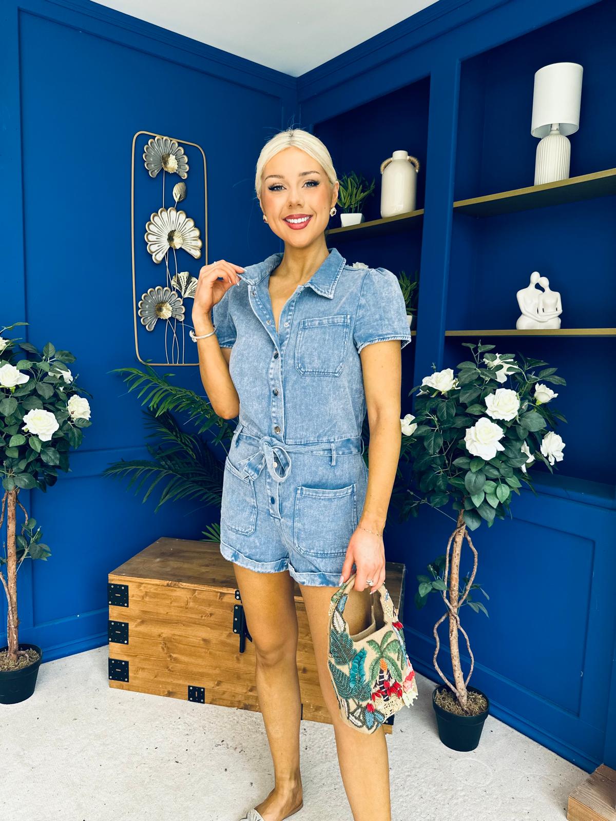 Riley Short Sleeve Denim Playsuit Blue