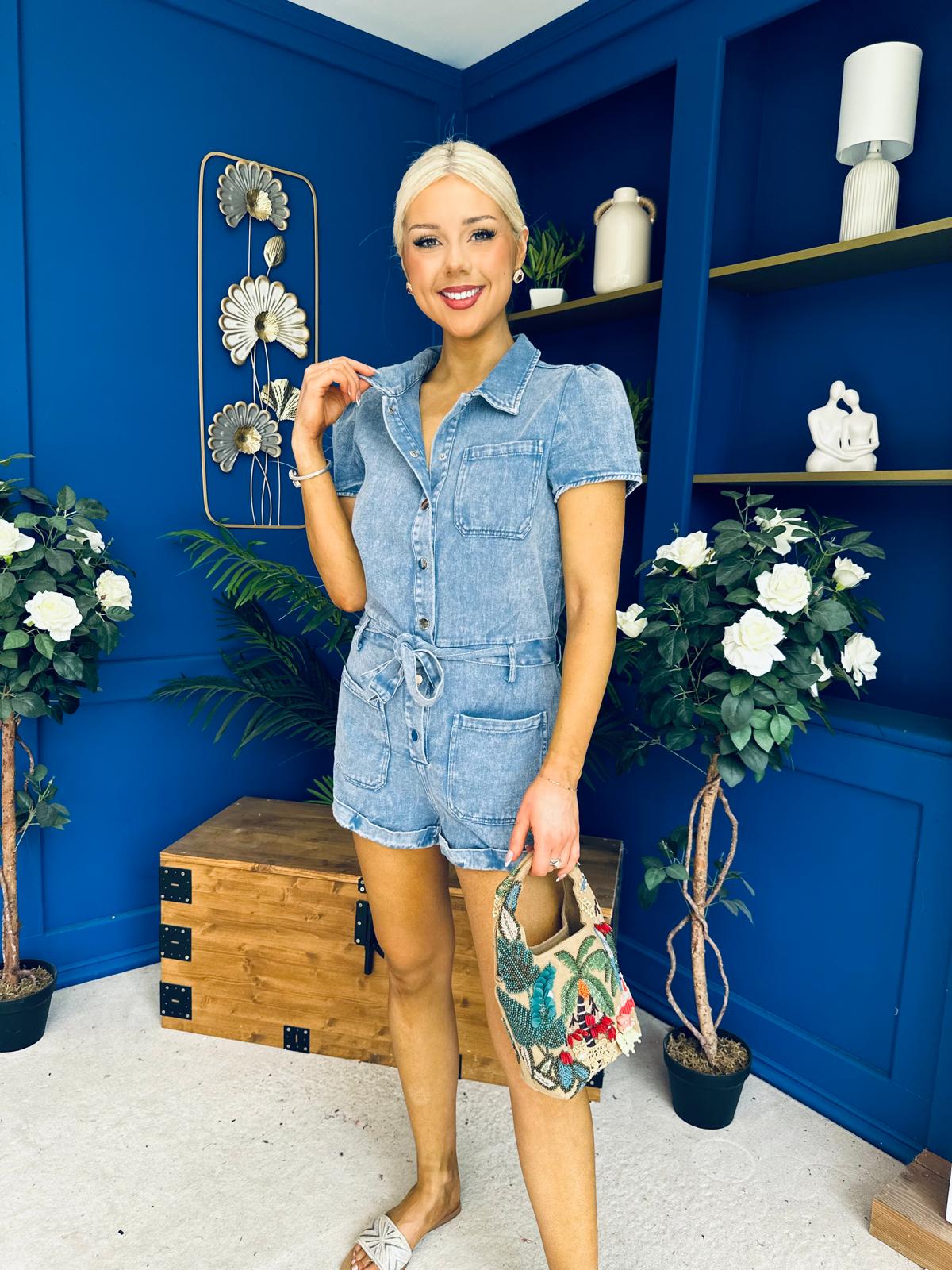 Riley Short Sleeve Denim Playsuit Blue