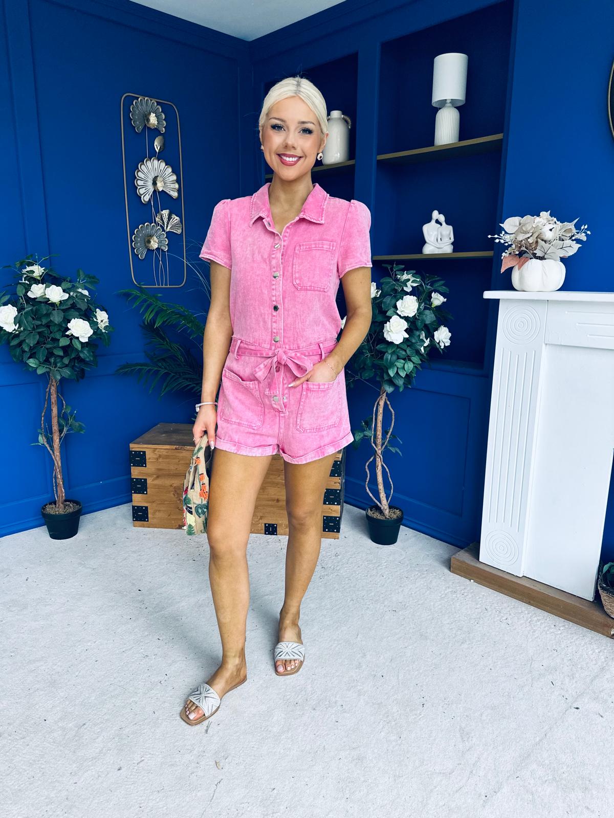 Riley Short Sleeve Denim Playsuit Pink