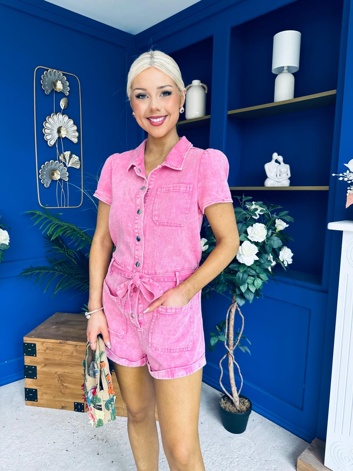Riley Short Sleeve Denim Playsuit Pink
