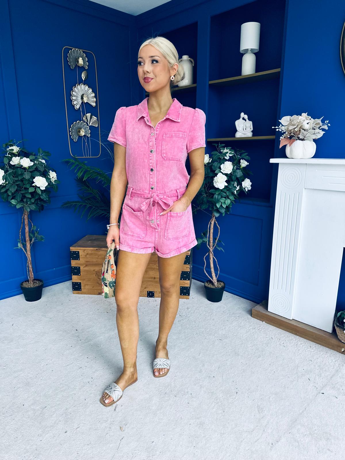 Riley Short Sleeve Denim Playsuit Pink