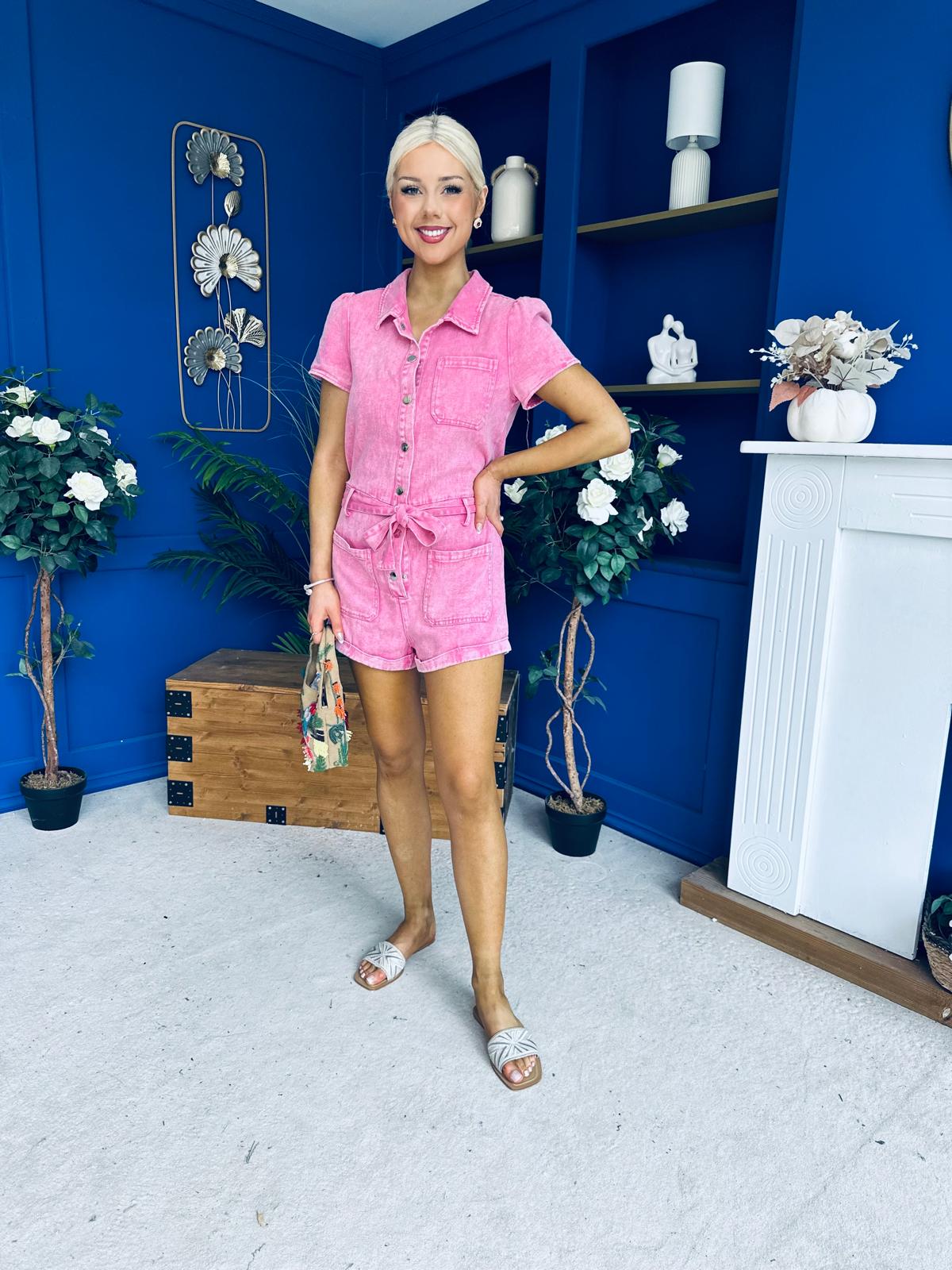 Riley Short Sleeve Denim Playsuit Pink