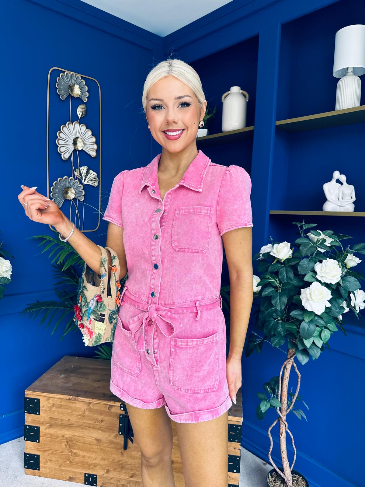 Riley Short Sleeve Denim Playsuit Pink