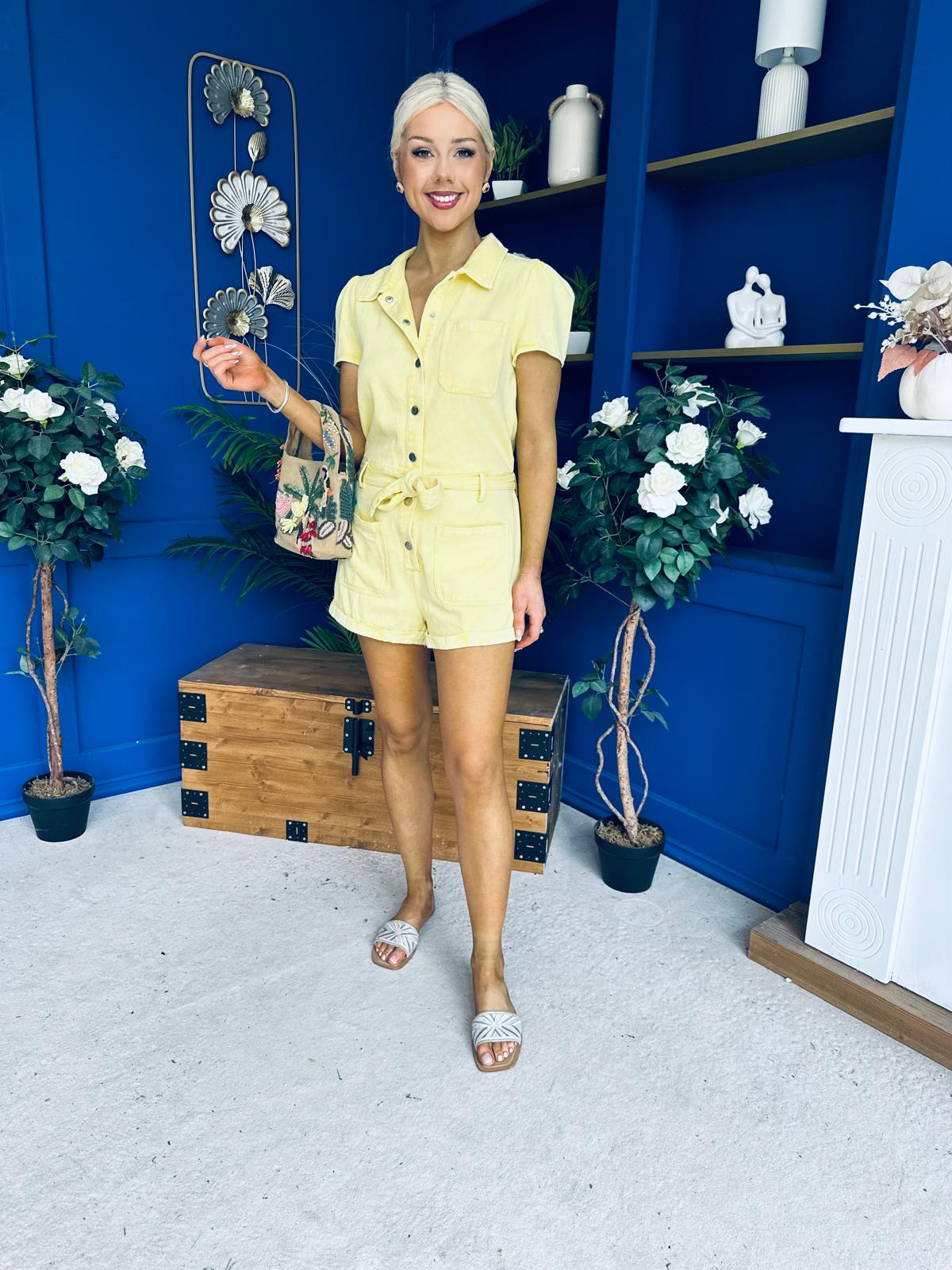 Riley Short Sleeve Denim Playsuit Yellow