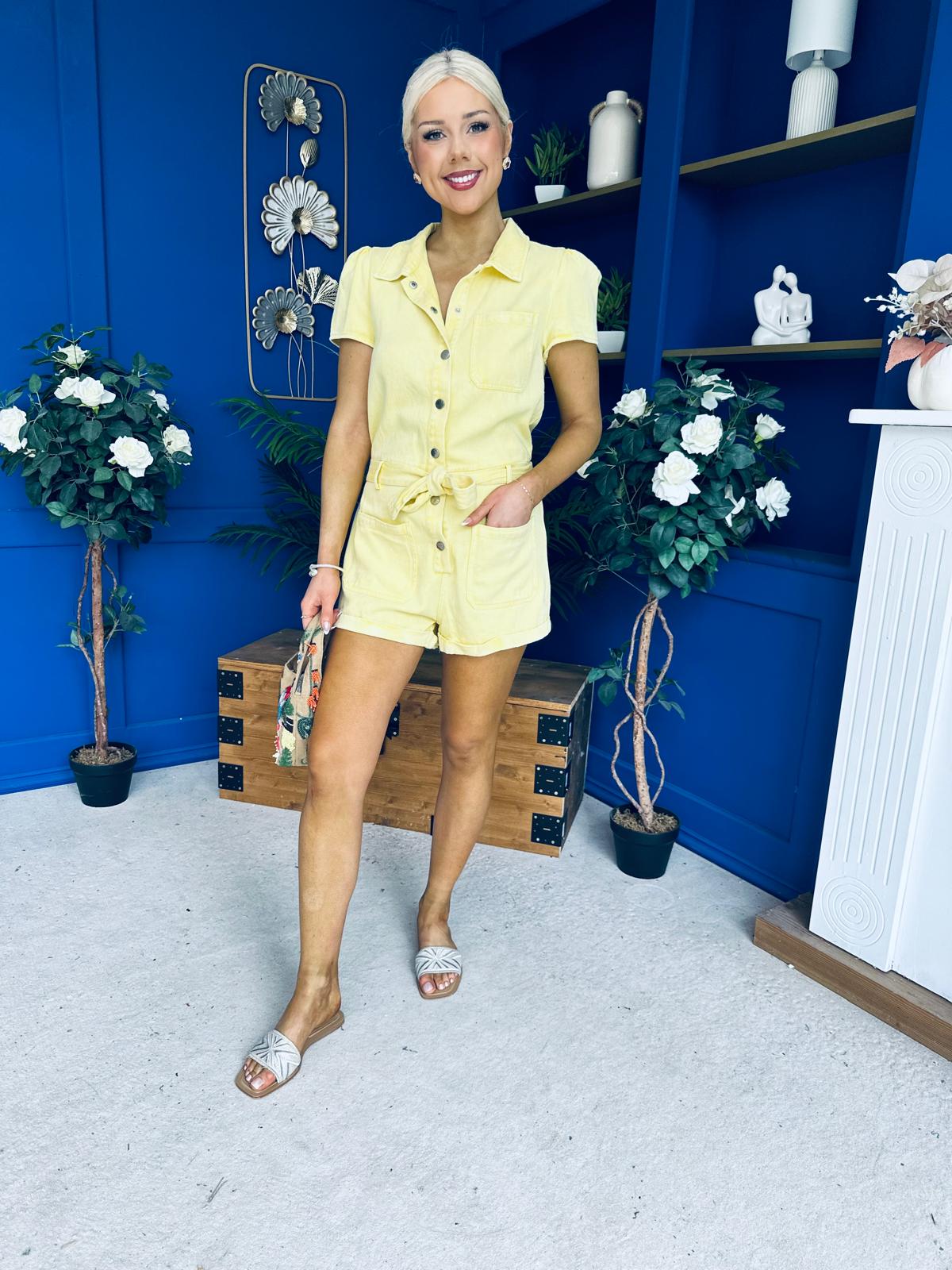 Riley Short Sleeve Denim Playsuit Yellow