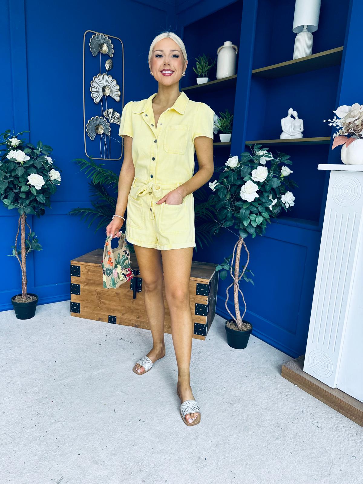 Riley Short Sleeve Denim Playsuit Yellow