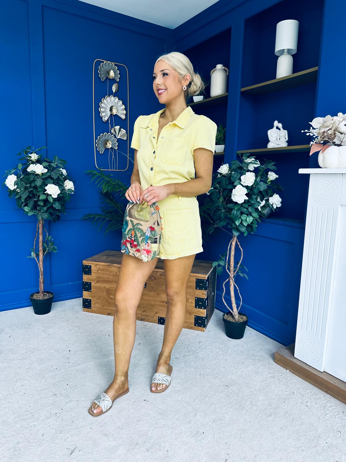Riley Short Sleeve Denim Playsuit Yellow