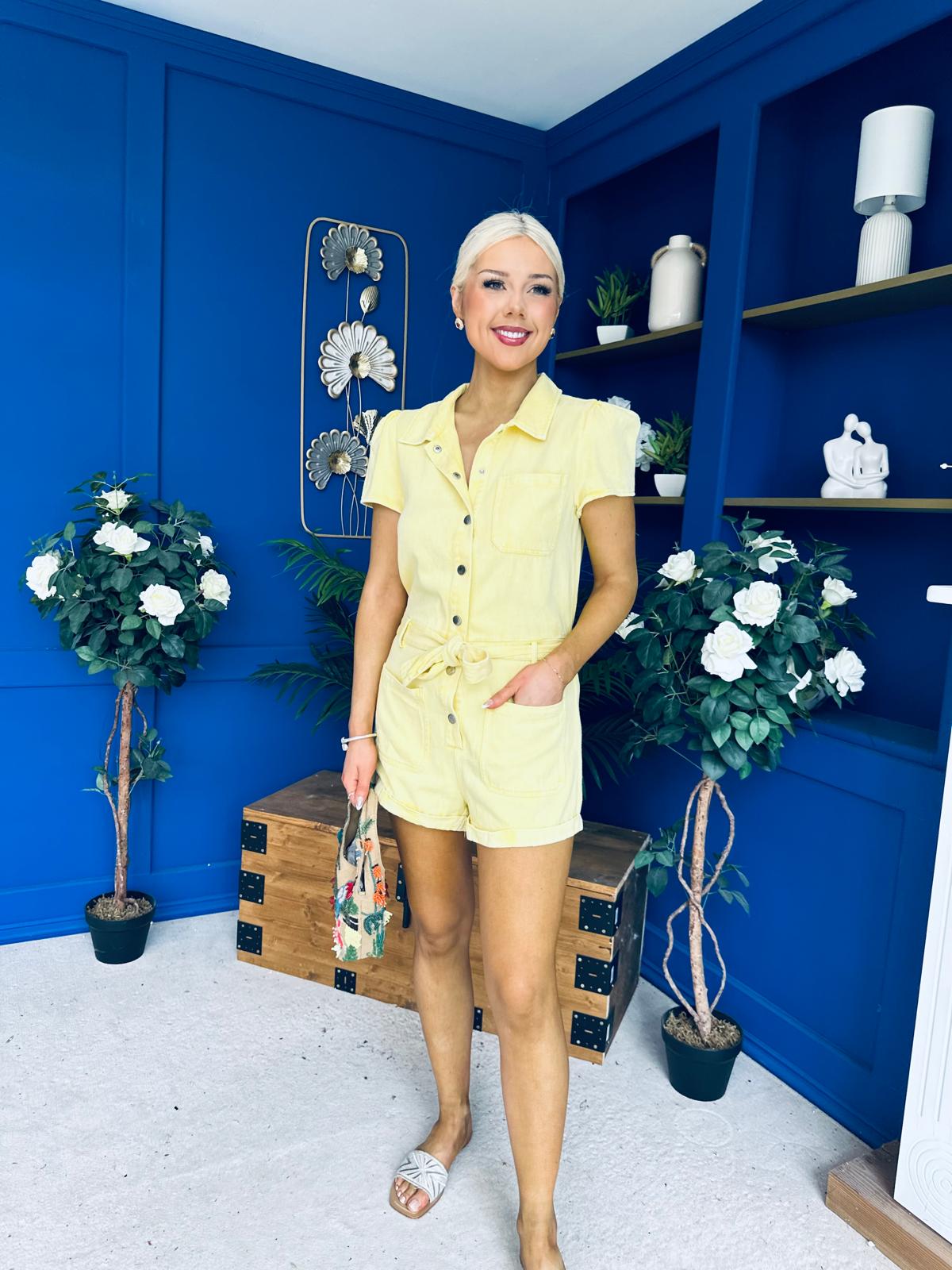 Riley Short Sleeve Denim Playsuit Yellow