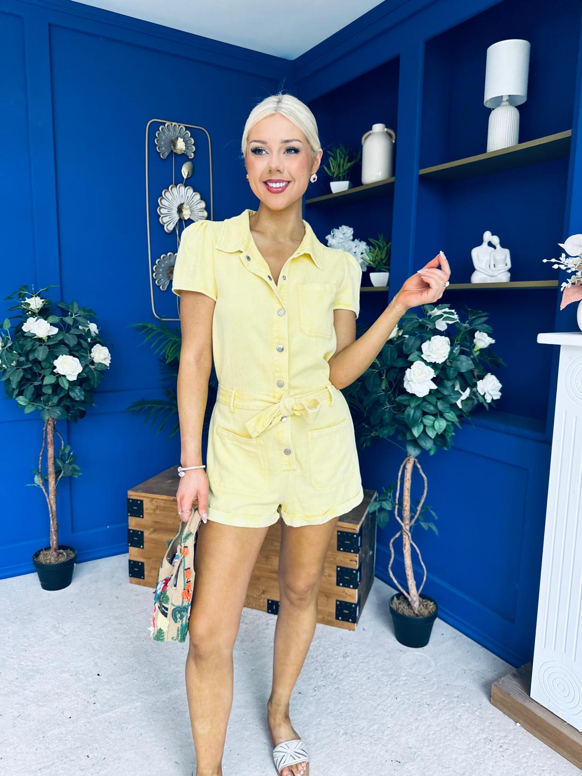 Riley Short Sleeve Denim Playsuit Yellow