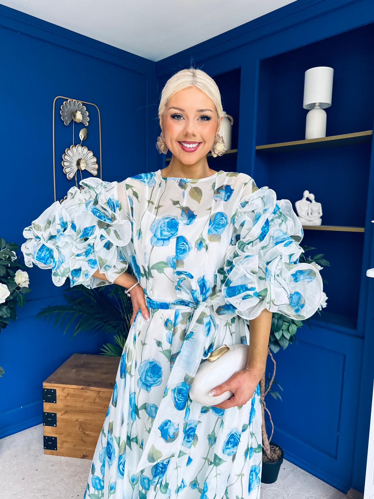 Verona Frill Sleeve Occasion Dress Floral Blue