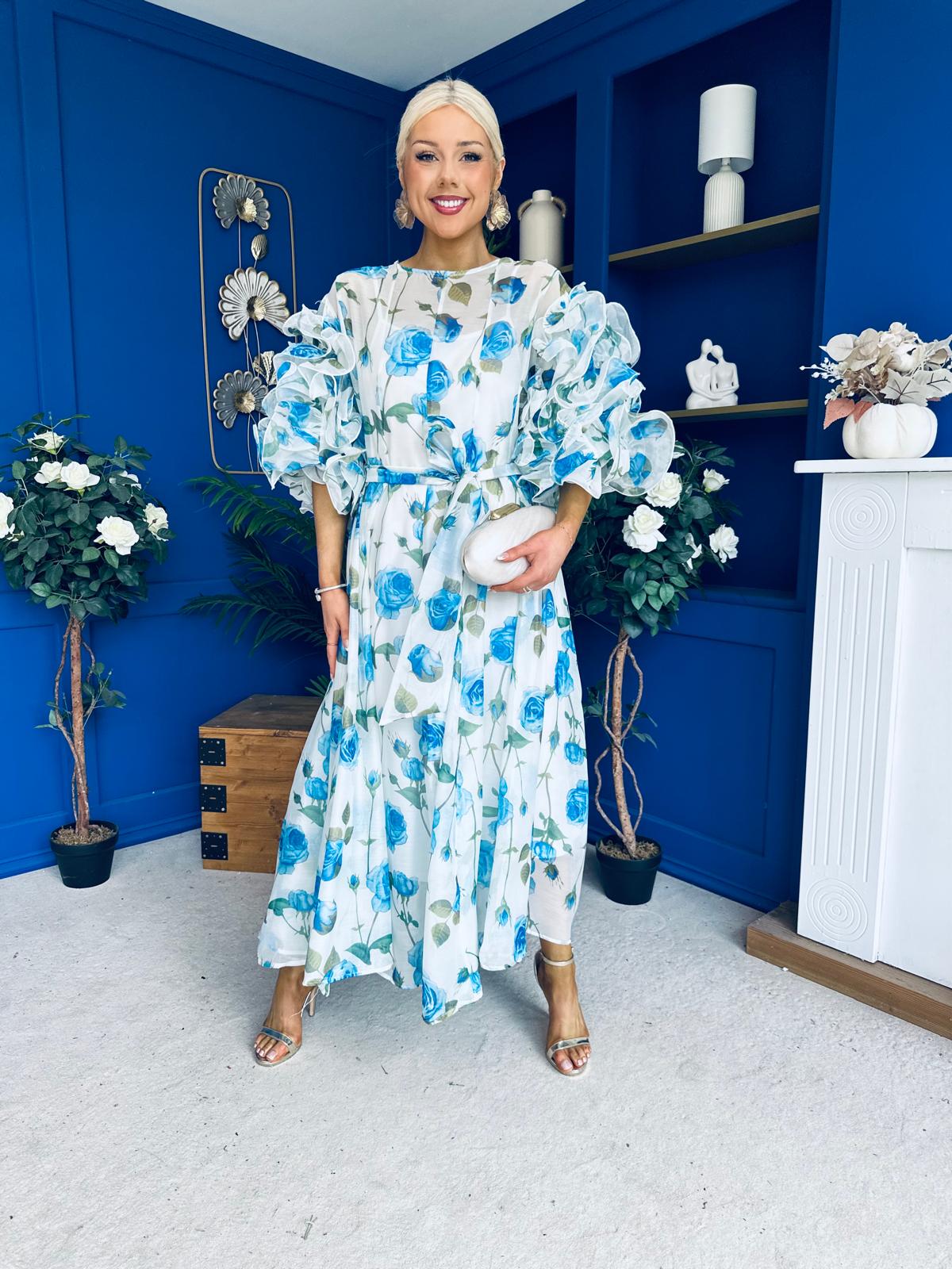 Verona Frill Sleeve Occasion Dress Floral Blue