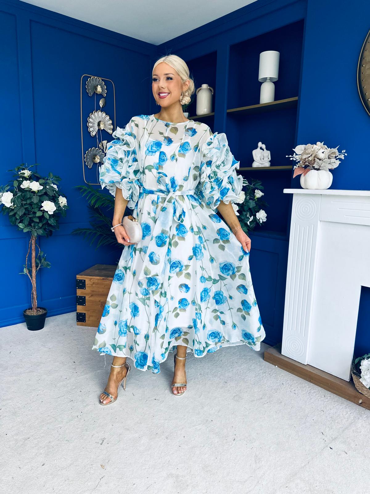 Verona Frill Sleeve Occasion Dress Floral Blue