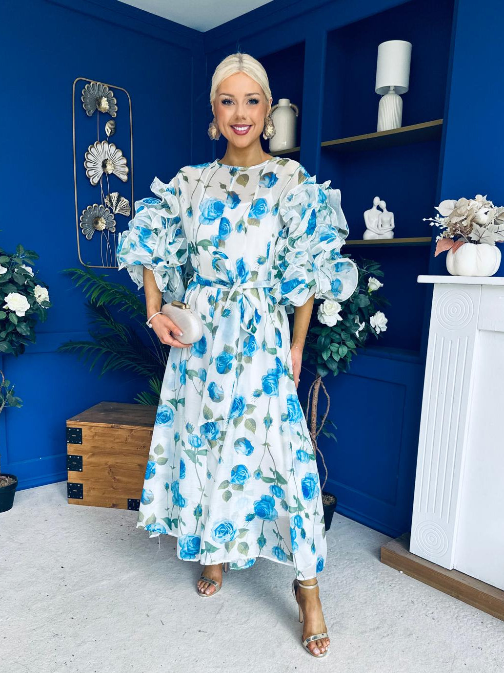 Verona Frill Sleeve Occasion Dress Floral Blue