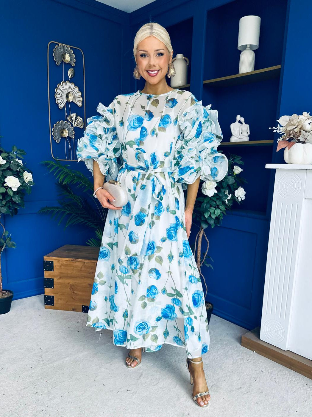 Verona Frill Sleeve Occasion Dress Floral Blue