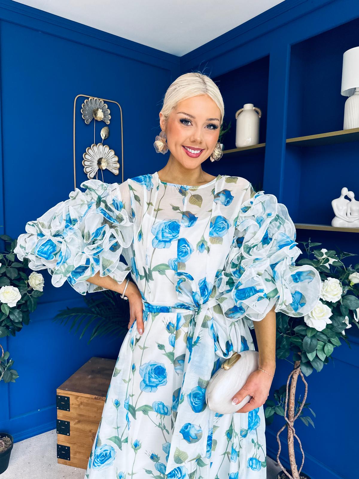 Verona Frill Sleeve Occasion Dress Floral Blue