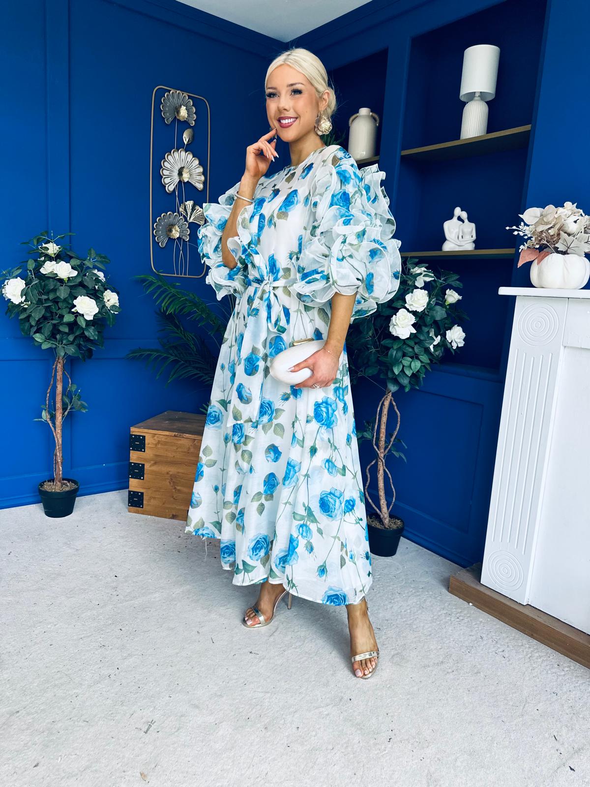 Verona Frill Sleeve Occasion Dress Floral Blue