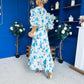 Verona Frill Sleeve Occasion Dress Floral Blue