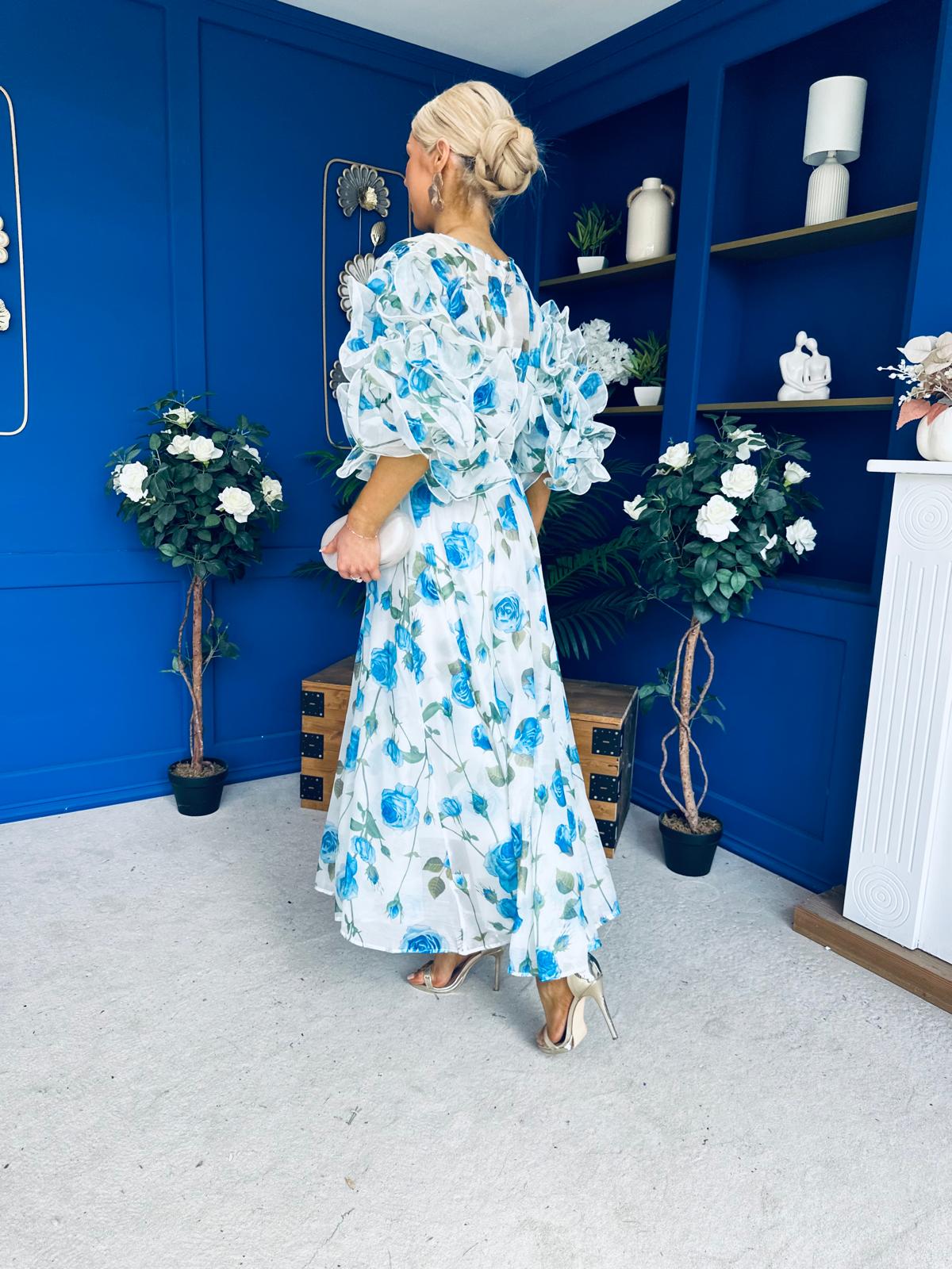 Verona Frill Sleeve Occasion Dress Floral Blue