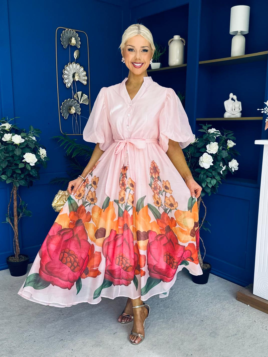 Martina Puff Sleeve Occasion Dress Floral Pink