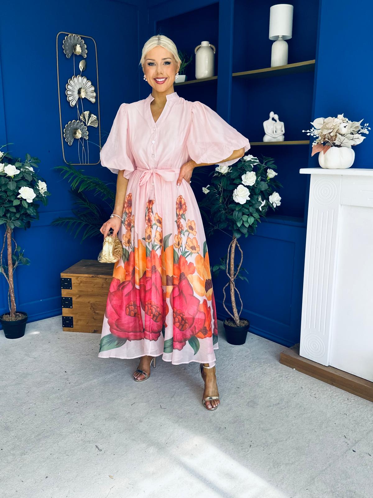 Martina Puff Sleeve Occasion Dress Floral Pink