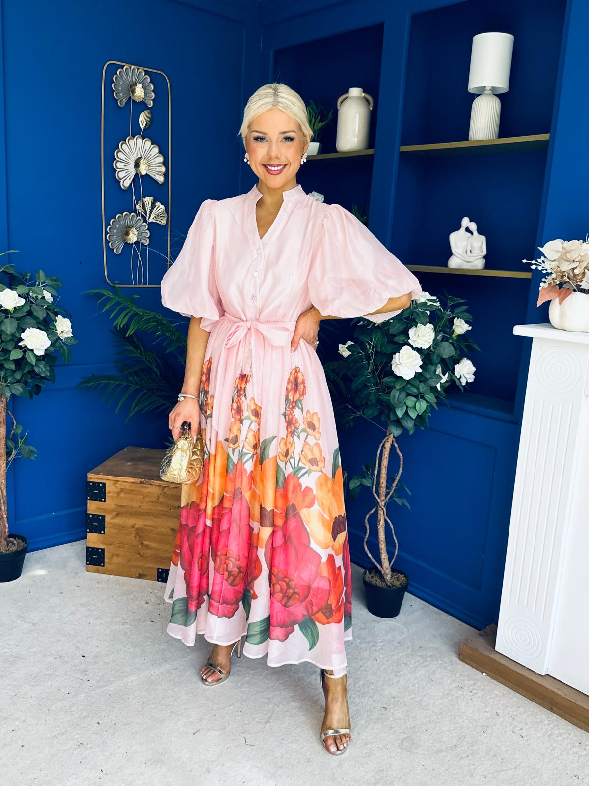 Martina Puff Sleeve Occasion Dress Floral Pink